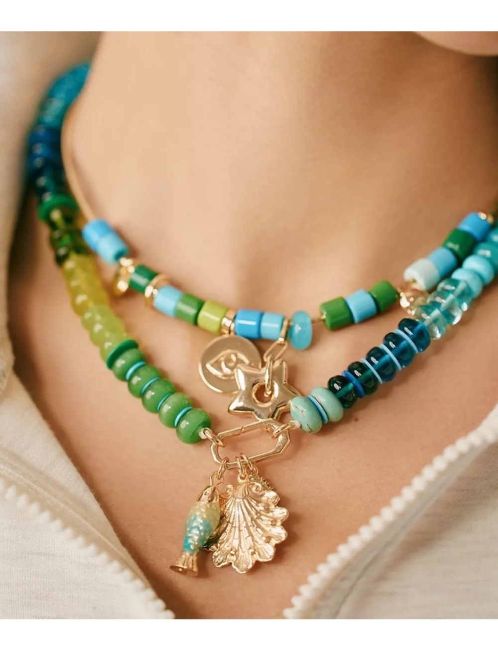 Anthropologie 14k Gold Plated Necklace with Blue and Green Beads and Charms - Picture 4 of 5